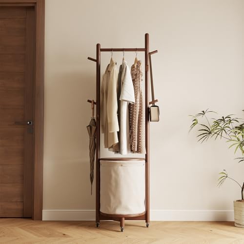 CycleCrew Solid Wood Coat Rack with Fabric Basket - Freestanding Coat Rack Rolling Coat Tree with 9 Hooks Wheels, Small Clothes Rack For Entryway Bedroom Hallway Living Room by Unknown