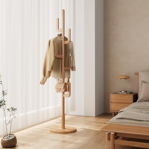 Muwuele Solid Wood Cactus Coat Rack, Freestanding Coat Rack With 6 L-Shaped Hooks and 3 Adjustable Sizes, Coat Tree for Bedroom, Entryway, Livingroom, Coat Hanger Stand for Coats, Handbags (Natural) - Image 2