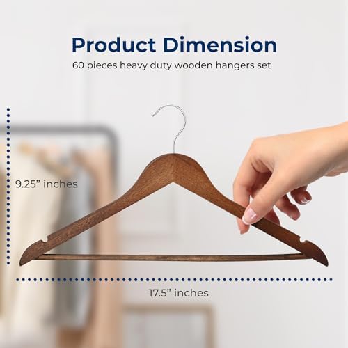 SereneLife 60-Pack Vintage Wooden Suit Hangers – Heavy-Duty, Non-Slip Clothes Hanger Set with 360° Chrome Swivel Hook & Notches – Solid Wood Coat Hangers for Suits, Jackets, Dresses & More - Image 2