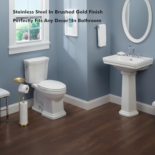 Freestanding Toilet Paper Holder with Shelf, Gold Toilet Paper Stand with Storage Tray and Space for 4 Extra Rolls - Image 7
