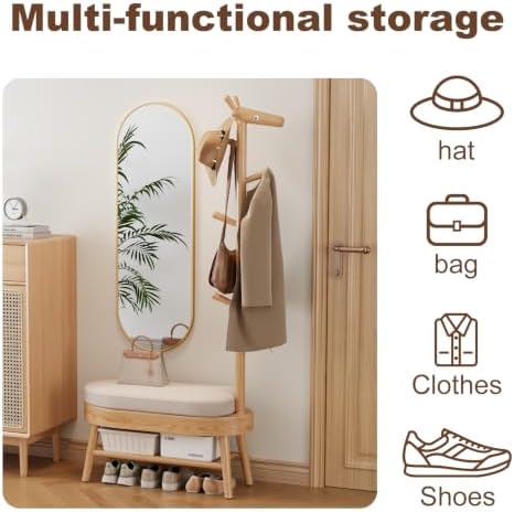 AQIMUELE Shoe Bench with Coat Rack, Shoe Rack with 9 Hooks, Natural - Image 3