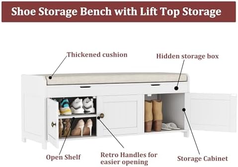 HOMEFORT 41.3" Shoe Bench with Lift Top Storage, Entryway Bench with Cushioned Seat, Wooden End of Bed Bench, Shoe Cabinet Bench with Hidden Storage Space, for Bedroom, Hallway,White - Image 6