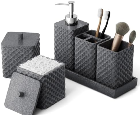 Bathroom Accessories Set Resin 6PCS, Square Toothbrush Holders Set Complete with Soap Dispenser, Vanity Tray, Tumbler, Cups and Cotton Swab Jars (Gray Diamond, Resin Bath 6 PCS) by LetUsMakeHomeYourFavoriteDestination