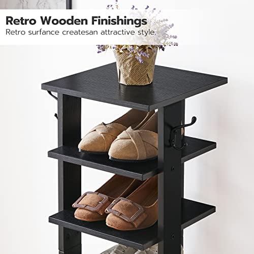 HOOBRO 8 Tiers Vertical Shoe Rack, Wooden Shoe Storage Organizer with Hooks, Narrow Shoe Tower for 8 Pairs, Space Saving, for Entryway, Living Room, Bedroom, Black BK07XJ01 - Image 6