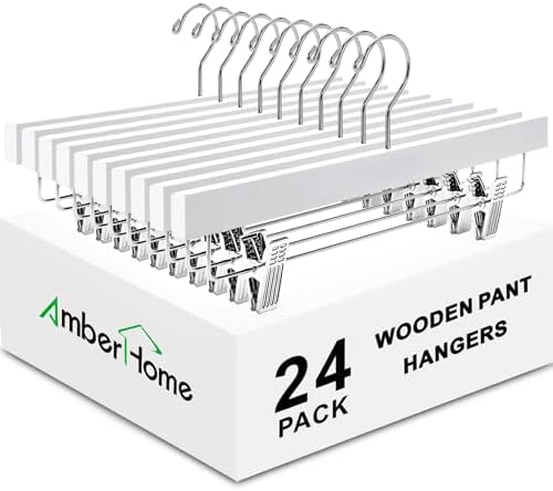 Amber Home 24 Pack White Wooden Pants Hangers with Adjustable Clips, 14" by AmberHome