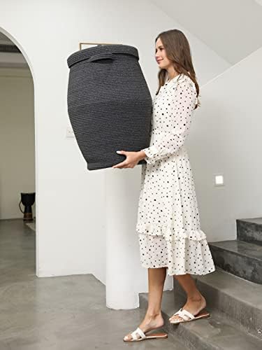 26"x20" Extra Large Tall Woven Laundry Basket with Lid, Cotton Rope Blanket Storage Basket, Freestanding Decorative Bin for Bedroom Living Room, Black & Grey Mix - Image 5