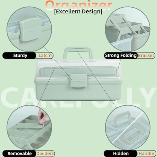 TERGOO 14in 3-Layer Multipurpose Craft Organizers and Storage with Adjustable Dividers, Portable Tackle Box, Folding Art & Craft Case for Medicine, Tool, Sewing Organizer (Haze Green, X-Large) - Image 6
