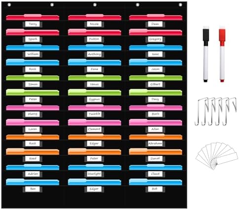 REGELETO 36 Pockets File Storage Pocket Chart with 36 Nametag Pockets, Hanging Wall File Organizer for Classroom and Office, Organize Your Assignments, Files, Scrapbooks, Paper (Black-36 Pockets) by REGELETO