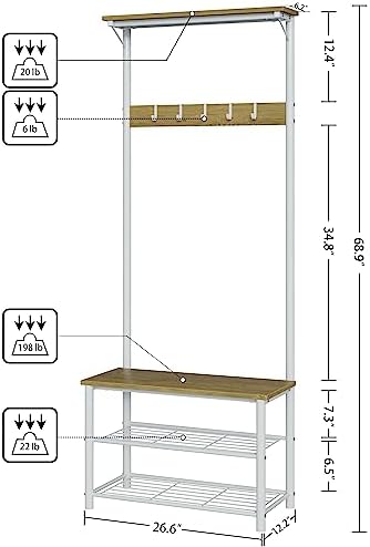 Hall Tree with Bench and Shoe Storage, 3-in-1 Coat Rack Shoe Bench, Freestanding Wooden Coat Rack with Metal Frame, 3-Tier Storage Shelf and 5 Removable Hooks, White - Image 2