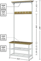 Hall Tree with Bench and Shoe Storage, 3-in-1 Coat Rack Shoe Bench, Freestanding Wooden Coat Rack with Metal Frame, 3-Tier Storage Shelf and 5 Removable Hooks, White - Image 2
