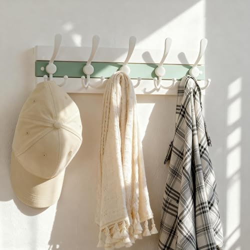 SKOLOO Coastal Wall Mounted Coat Rack - 16-7/8" Beach House Entryway Wooden Coat Hook with 5 Hooks for Hanging Coats, Hats or Towels, Oceanfront Cottage Core Collection, White & Green - Image 4