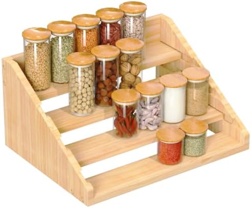 Solid Wood Spice Rack Organizer for Countertop & Cabinet, 4 Tier Adjustable Wooden Spice Shelf with Sliding Track, Premium Step Seasoning Bottle Holder for Kitchen, Pantry, Office, Natural Wood Color by YUELGUANG