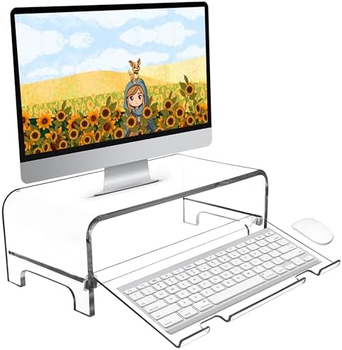 AMT 2 Tier 5.7 Inch High Acrylic Laptop Monitor Stand & Computer Riser with Cat Keyboard Protector, Space-Saving Design, Extra Storage, Clear Shelf - Ideal for Monitors, Laptops, Printers, Desktop by AMTSupply