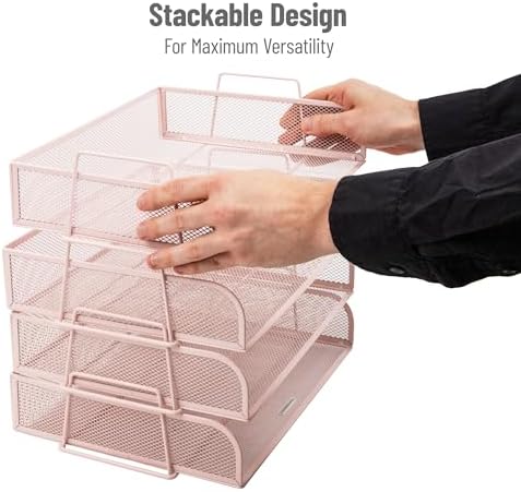 Mind Reader Stackable Paper Tray, Desktop Organizer, File Storage, Office, Metal Mesh, 4 Pcs., Pink (Pack of 4) - Image 4