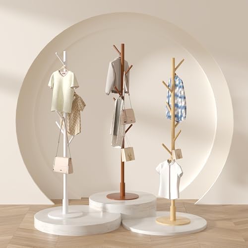 VECELO Coat Rack Freestanding, Entryway Hanger Stand, Umbrella Holder, Hall Tree With Hooks, Floor Standing Tree Stand,Light Wood - Image 2