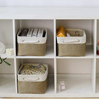 TheWarmHome Storage Basket for Organizing - 14x10x7 inch Medium 3 Pack Collapsible Storage Bin for Shelves with Handles, Canves Storage Box for Organizer Cubes Cloth Gift Toy Closet (White & Khaki) - Image 2
