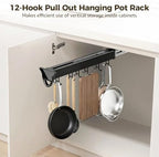 Homaisson Pull Out Hanging Pot Rack, 12-Hook Extendable Sliding Rail Organizer, Metal Pull Out Pan Rack for Under Cabinet, Adjustable Pot Pan Organizer, Multi-Use for Cupboard Closet - Image 2