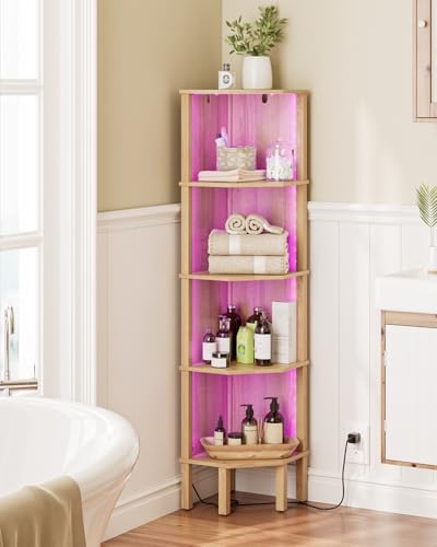 Corner Shelf Stand, 5 Tier Corner Bookshelf with Light,Corner Furniture for Bedroom Display Corner Shelf for Small Space,Wood Shelves with Storage Rack for Living Room,Office,Oak - Image 3
