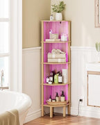 Corner Shelf Stand, 5 Tier Corner Bookshelf with Light,Corner Furniture for Bedroom Display Corner Shelf for Small Space,Wood Shelves with Storage Rack for Living Room,Office,Oak - Image 3