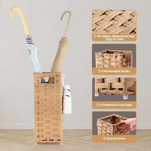 Rattan Umbrella Stand, Umbrella Holder for Entryway, Hand Woven Umbrella Rack Organizer Freestanding, with a Detachable Drip Tray, 4 Hooks, 6.5" L x 6.5" W x 16.5" H, Natural - Image 6