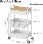 3 Tier White Rolling Cart with Wood Table Top,Metal Storage Organizer Carts - Image 2