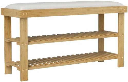 HOMCOM Small Bamboo Shoe Bench 3-Tier Storage 35.4" x 11.4" x 19.3" Natural by HOMCOM