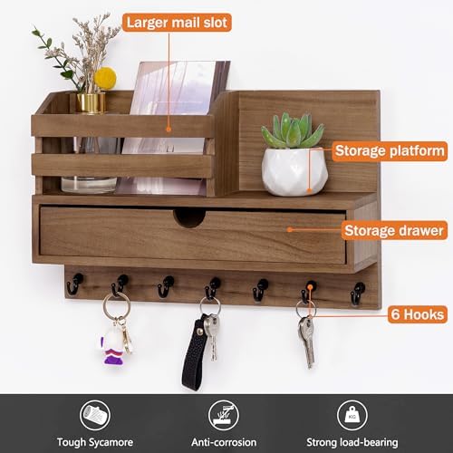 Key Holder Wall Mount, Mail Organizer with 7 Hooks and Storage Drawer - Image 3