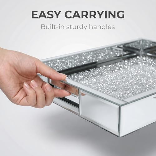 Large Vanity Tray for Perfume Organizer, 15x11 Inch Silver Mirror Tray with Handles, Crushed Diamond Tray for Bathroom Counter, Coffee Table Decor, Jewelry Display - Image 3