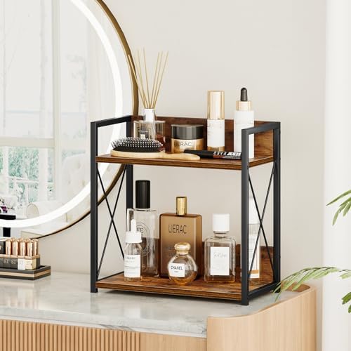 Giikin Kitchen Counter Shelf, Kitchen Countertop Organizer, 2 Tier Spice Rack for Counter, Wood Coffee Bar Organizer for Coffee Station (Brown, L) - Image 7