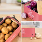 Kitchen Vegetable Storage Set of 3, Metal Onion Garlic Potato Storage Set, Kitchen Canisters Vegetable Keeper Containers with Aerating Holes and Bamboo Lid,Coral Red - Image 6