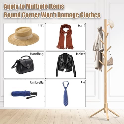 Aliphon Wooden Coat Rack Stand, Freestanding Coat Rack with 8 Hooks, 3 Adjustable Size Coat Tree for Hats, Coats, Scarves bags, Coat Hanger Stand Used in Bedroom/Office/Entryway,2 PCS (Natural) - Image 6