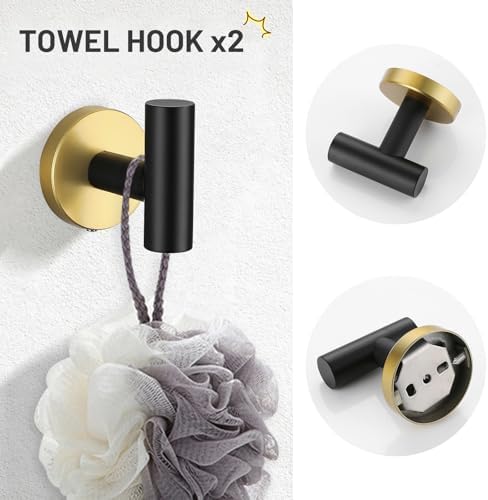 TURS Black and Gold 5 Piece Bathroom Hardware Set, SUS304 Stainless Steel Gold Black Towel Bar Set, 24 Inch Rould Bathroom Accessories Kit Wall Mounted - Image 5