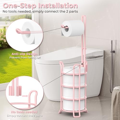 TomCare Toilet Paper Holder Stand Free Standing, Holds 4 Mega Rolls, Pink - Image 3