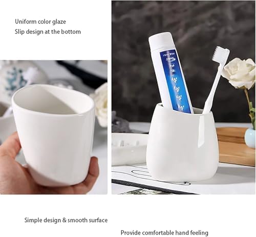 White Ceramic Bathroom Accessory Set, Bathroom Vanity Countertop Set, Bathroom Soap Dispenser and Toothbrush Holder Set Complete, 2 Tumbler Cup, Soap Dish, 5 Pieces - Image 4