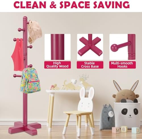 8-Hook Freestanding Wooden Coat Rack 2 Adjustable Heights Rose - Image 4