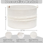 CherryNow 90L Large Woven Rope Blanket Basket with Tassel, 22" x 14", White - Image 4