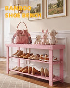 SMIBUY Bamboo Shoe Rack Bench, 3-Tier Shoe Organizer Storage Shelf for Entryway Hallway Bathroom Living Room (Pink) - Image 3