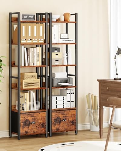 Furologee 6 Tier Bookshelf with Drawer, Tall Narrow Bookcase, Rustic Brown - Image 7