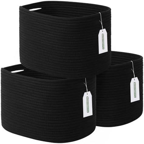 ECDYQXVU 15x10x9 Inch Woven Cotton Rope Storage Basket, Black, 3 Pack by ECDYQXVU