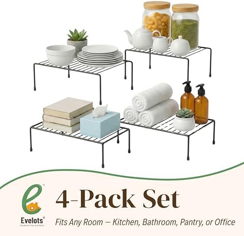Evelots Wire Shelf Organizer, Large Metal Cabinet Risers, 4-Pack, Black - Image 7