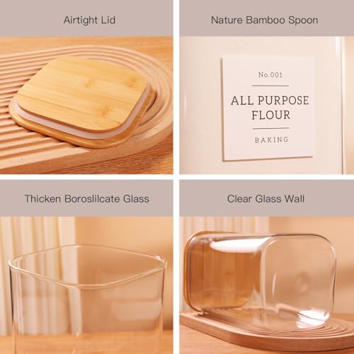 CZZGSM 2 Pack Square Glass Flour and Sugar Containers with 132 Kitchen Pantry Labels - Thicken 149 FL OZ Large Glass Storage Jars with Airtight Bamboo Lid - Big Food Canisters for Rice, Pasta, Cookie - Image 5