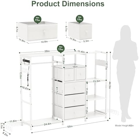 YOSHOOT 55" Dresser with Hanging Rack & Purse Organizer, Closet Dresser - Image 2