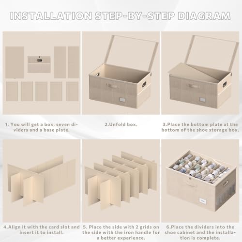 2 Pack Shoe Organizer for Closet Large Shoe Box Storage Containers with Clear Window Space Saving Shoe Bin with Foldable Bottom Support Adjustable Dividers Fits 36 Pairs (Beige, (24.4*16.5*13inch)x2) - Image 7