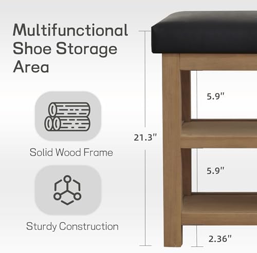 Zihanhome Shoe Rack Bench with Leather Cushion, 2 Tier Solid Wood Storage Bench, Mid-Century Modern Shoe Bench for Entryway, Hallway, Closet, Front Door Entrance, Foyer (Black, 46.5) - Image 6