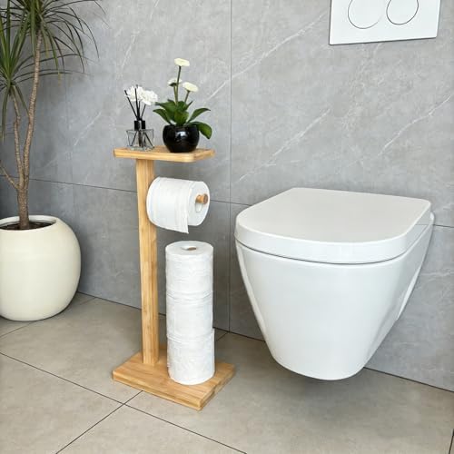 Bamboo Freestanding Bathroom Toilet Paper Holder Stand with Phone Shelf and Storage, Holds 3 Extra Mega Rolls,Natural (Natural) - Image 5