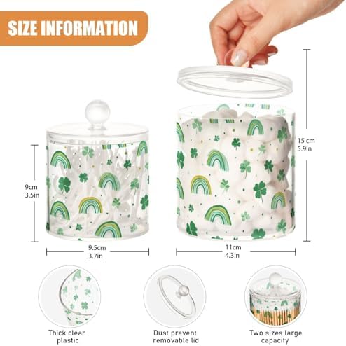 Green Shamrocks and Rainbows Qtip Holder Waterproof Dustproof Apothecary Jars with Lids For Bathroom Cotton Swabs Makeup Sponges Floss Picks Bath Salts 2 Pack - Image 3