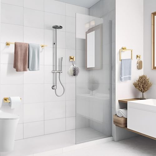 TQKAG Brushed Gold Bathroom Hardware Accessories Set 10 Pieces, 23.6" SUS304 Stainless Steel Towel Bar Set Wall Mounted Includes Single Towel Bar, Towel Ring, Toilet Paper Holder, Double Towel Hooks - Image 7