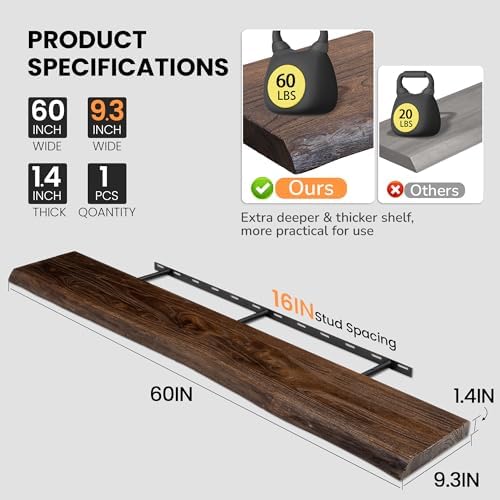 Fun Memories Floating Shelves for Wall, 60"x9.3" Rustic Solid Live-Edge Elm Wood Wall Shelves, Heavy-Duty Floating Shelves with Invisible Brackets for Living Room, Bedroom, and Kitchen, Walnut Finish - Image 3