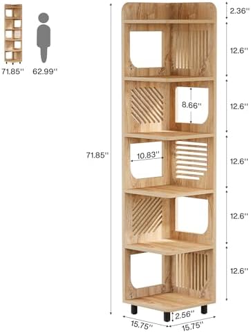 Tribesigns 6 Tiers Corner Shelf, Tall Skinny Corner Bookshelf Bookcase with Hollow Design, Farmhouse Narrow Display Shelf for Living Room, Bedroom, Small Space, Natural - Image 2