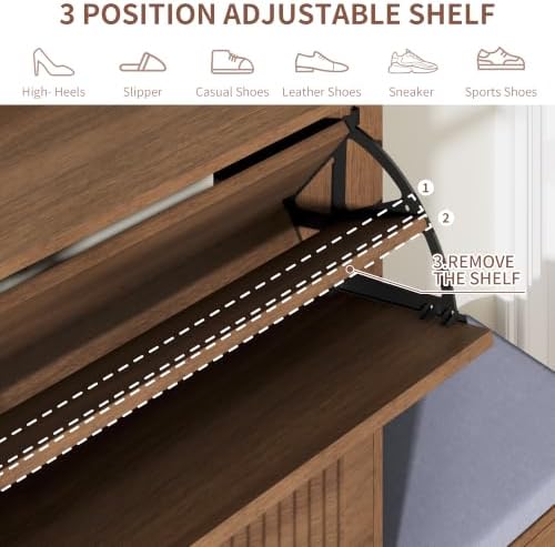 Shoe Cabinet with Bench, 4‑Flip Drawer Fluted Shoe Storage Cabinet with Removable Adjustable Shelves, Side Hooks & Anti‑Tip Device, Freestanding Entryway Shoe Organizer for Hallway, Walnut - Image 6